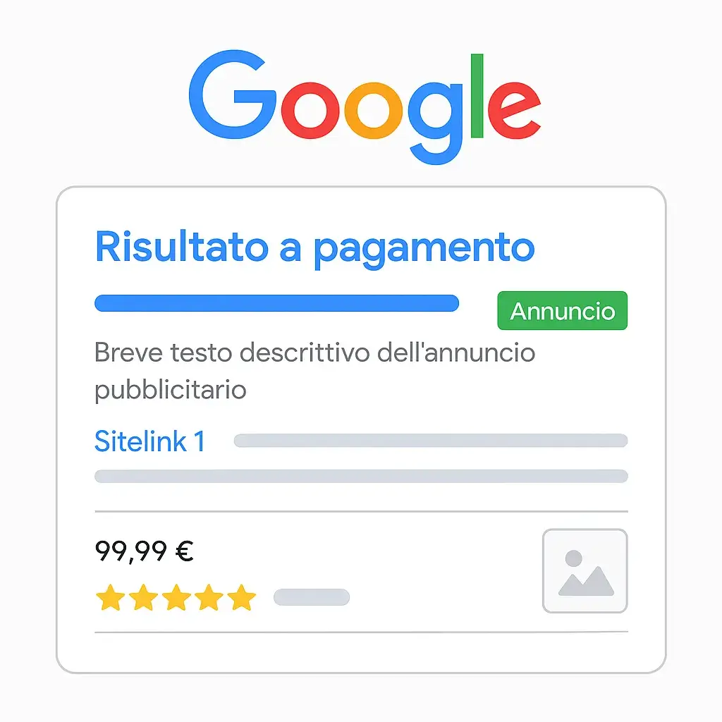 annuncio a pagamento sulla serp di un prodotto con recensione, prezzo e immagine