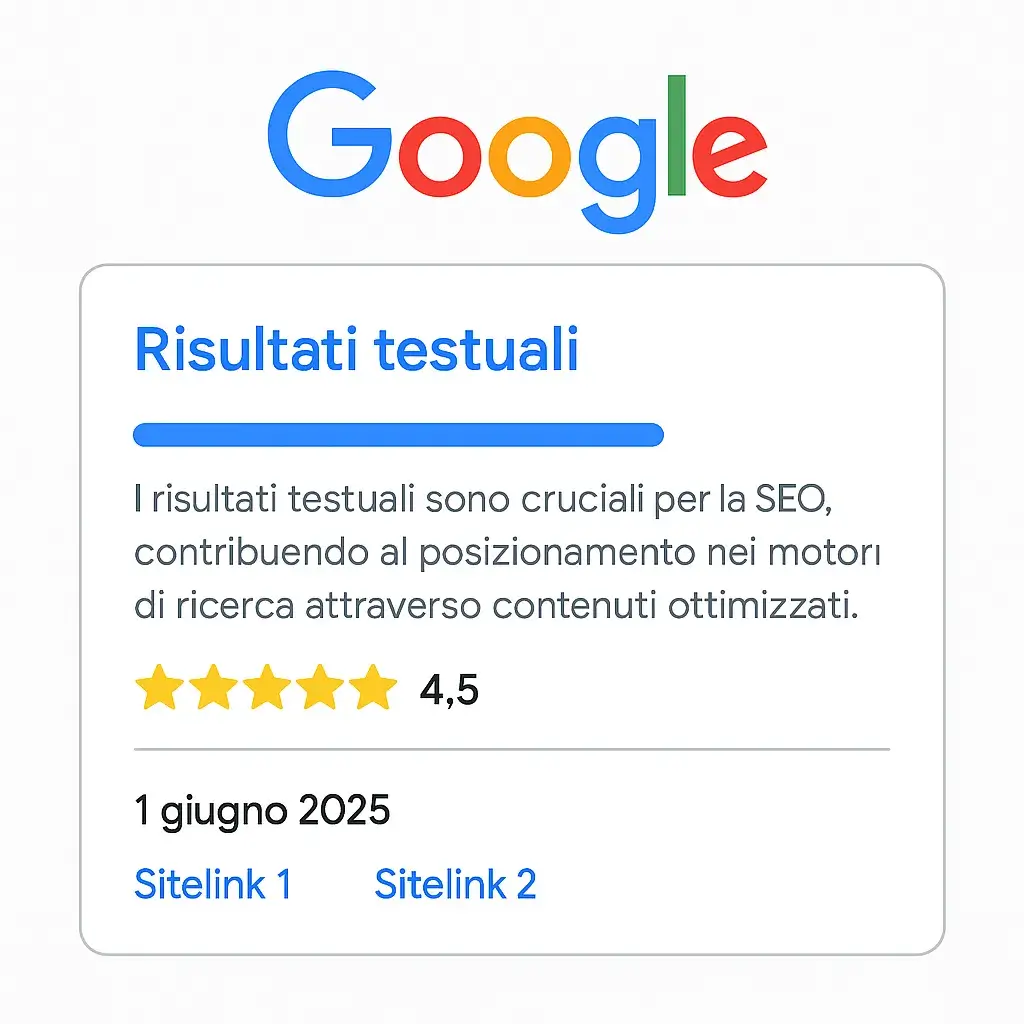 risultato testuale arricchito da recensione, sitelink e data di pubblicazione