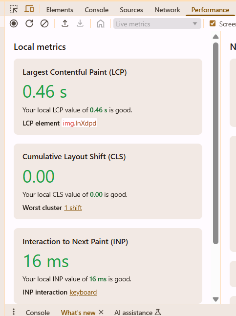 schermata dei dev tools che mostrano i cole web vitals su chrome